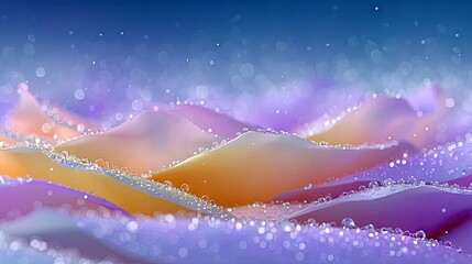 Macro view of delicate rose petals in shades of purple and orange, covered in sparkling water droplets, set against a soft blue bokeh background.