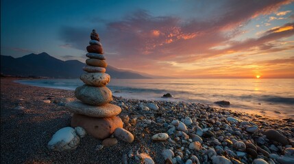 Stacked stones cairn on pebble beach at peaceful sunset ocean.