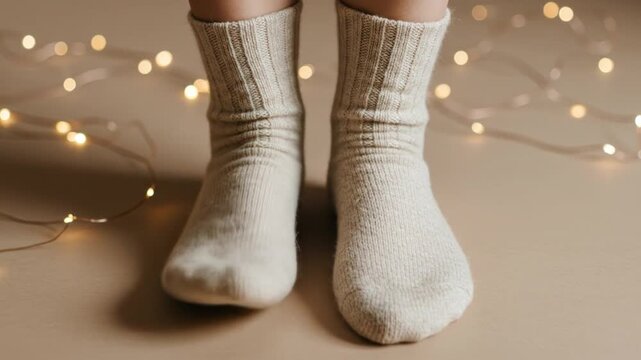 Bare feet in cozy socks with fairy lights