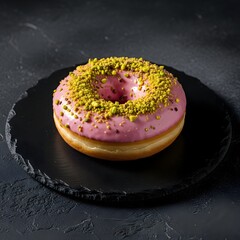 Delicious pink donut with pistachio sprinkles on black stone plate