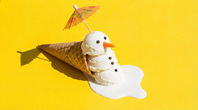 Ice Cream Snowman Melts in a Cone on a Bright Yellow Background on a Warm Sunny Day - Powered by Adobe