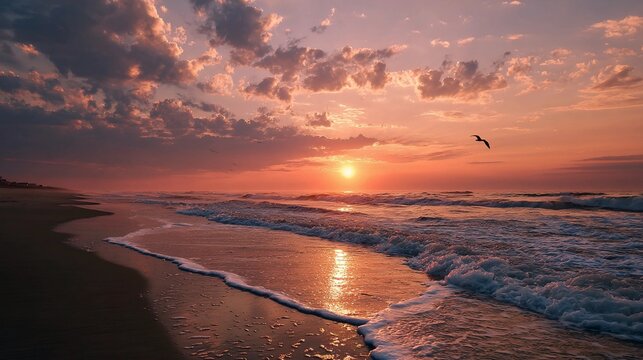 Vibrant sunrise over tranquil ocean beach with gentle waves. - Powered by Adobe
