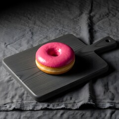 Delicious pink frosted donut on a rustic wooden board, sweet temptation