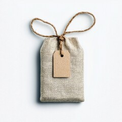 A small, closed burlap gift bag tied with a twine bow and a blank kraft paper tag hanging from the knot. The bag is placed on a clean white surface with soft sh