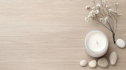 A white candle in a jar, a sprig of delicate white flowers, and smooth stones are arranged on a light-colored wooden surface. The scene is illuminated with soft