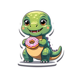 Cute cartoon baby dinosaur holding a pink donut. Illustration sticker isolated on white background.
