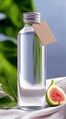 A clear liquid fills a glass bottle with a silver cap, placed on a white textured fabric. A sliced fig and a green leaf are nearby, with blurred green foliage i