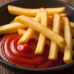 Enjoy crispy golden French fries with a swirl of delicious red tomato ketchup
