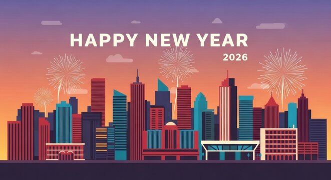 Happy new year 2026 cityscape with fireworks and colorful sky