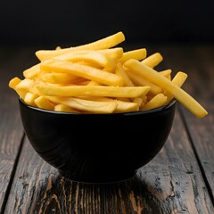 Crispy golden French fries overflowing from bowl ready for dipping delight