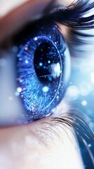 Extreme close-up of a blue human eye, showing iris details with digital data patterns and glowing particles. The lighting is bright and ethereal, suggesting a f