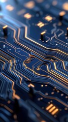 A detailed, abstract view of a dark blue circuit board with glowing orange lines and illuminated components, suggesting technology and data flow.