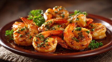 Appetizing garlic butter shrimp garnished with green parsley.