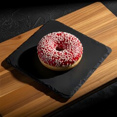 Enjoy tempting donut with bright red glaze and sprinkles on serving board