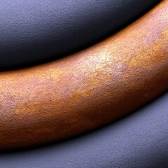 A detailed macro shot of a curved, textured metal ring with visible rust and imperfections, set against a dark, subtly lit background.