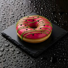Delicious pink donut with green icing on wet dark surface, tempting treat