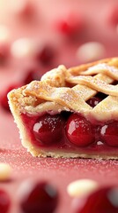 A detailed, close-up shot of a slice of cherry pie, showcasing its flaky lattice crust and vibrant red cherry filling. Powdered sugar is sprinkled on top, and t