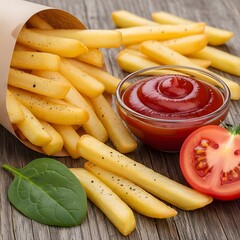 Golden french fries served with tasty ketchup and fresh tomato slices