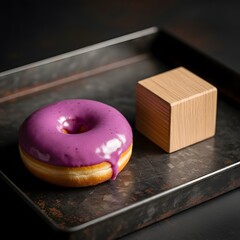 Delicious donut with purple frosting next to wooden cube on dark metal tray