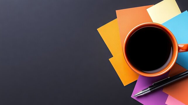 An orange coffee cup filled with black coffee sits on a dark surface surrounded by colorful sticky notes and a black pen, viewed from directly above.