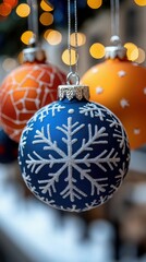 Three decorative Christmas ornaments hang close together, one blue with a snowflake, two orange with patterns. Bokeh lights create a festive atmosphere.