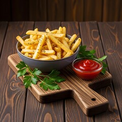 Golden french fries served with ketchup on wooden cutting board delight