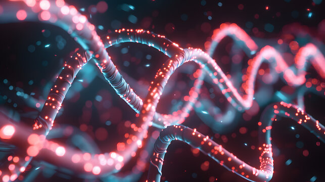 Glowing double helix DNA strand floating in dark space, representing genetics, science, and biotechnology.
