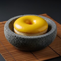 Indulge in a delicious donut with bright yellow glaze in stylish grey bowl