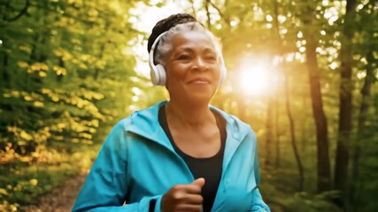 happy senior african american woman jogging in sunny forest park. she wears headphones and listens to music. active healthy lifestyle concept. sport and wellness. - Powered by Adobe
