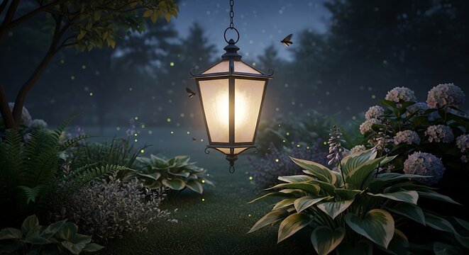 Illuminated Lantern in a Lush Garden at Twilight.
