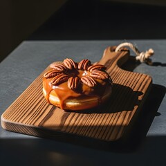 Delicious caramel pecan donut on wooden board, sweet treat indulgence