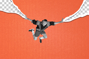 Composite image montage trend artwork 3D collage of young man jump lifestyle determination healthcare sport activity dynamic fitness hobby