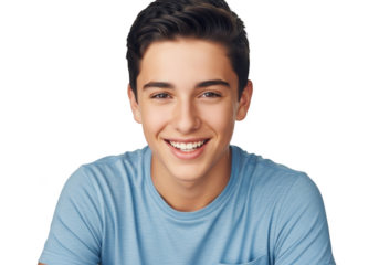 A young man smiling at the viewer, wearing a light blue t-shirt, arm, blue, boy, man, portrait, pose, shirt, smile
