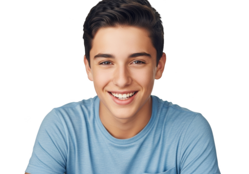 A young man smiling at the viewer, wearing a light blue t-shirt, arm, blue, boy, man, portrait, pose, shirt, smile