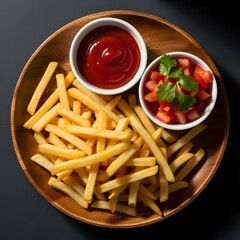 Golden french fries with ketchup and tomato salsa on a wooden plate