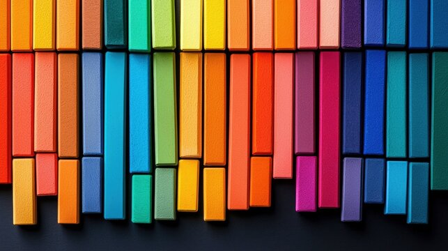 A collection of colorful pastel sticks arranged in rows on a dark surface, viewed from above. The pastels are in various shades of yellow, orange, red, pink, pu - Powered by Adobe