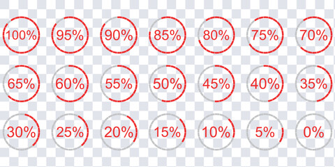 Infographic circle with percentage 0 to 100 loading progress interface in blue color vector design. 5 10 15 20 25 30 35 40 45 50 55 60 65 70 75 80 85 90 95 percent loading circle collection.