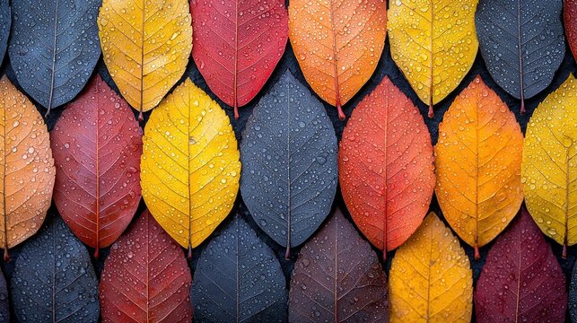 A close-up, overhead view of a collection of colorful autumn leaves, featuring vibrant reds, oranges, yellows, and dark blues, each adorned with small water dro
