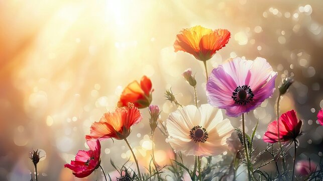 A close-up view of several vibrant poppies in various colors, including red, pink, white, and orange, blooming in a field. The scene is illuminated by warm, gol