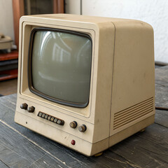 Beige vintage CRT computer monitor with curved glass screen
