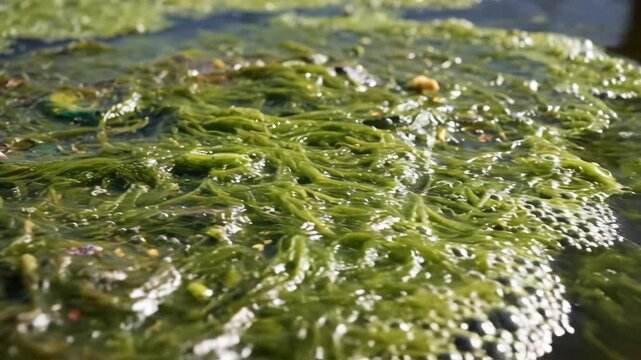 Green Algae Covers a Small Pond Surface in Summer