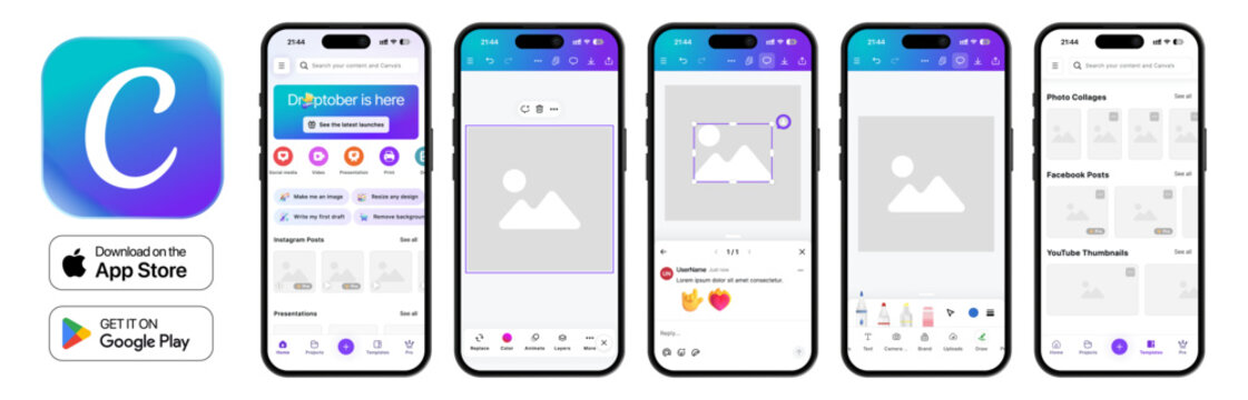 Canva mobile app UI design 2026 with splash, main page, photo edit, draw tools, templates, and notifications UI elements shown on iPhone 17 Pro