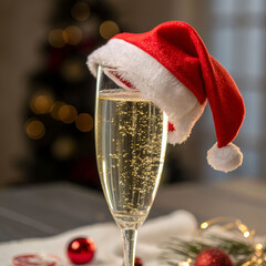 Glass of sparkling champagne dressed with a festive red Santa hat