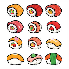 PrintA set of cute maki sushi roll icons in cartoon style. Includes various rolled sushi designs suitable for menus, stickers, branding, and food illustration projects. © hilman
