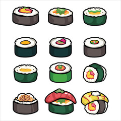 PrintA set of cute maki sushi roll icons in cartoon style. Includes various rolled sushi designs suitable for menus, stickers, branding, and food illustration projects. © hilman