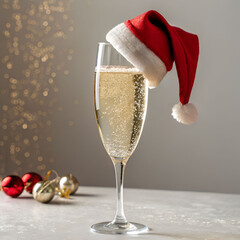 Glass of sparkling champagne dressed with a festive red Santa hat