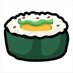 A collection of cute and colorful sushi icons in cartoon style. This vector set includes various maki rolls, nigiri, and Japanese seafood illustrations, perfect for menu design