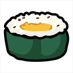 A collection of cute and colorful sushi icons in cartoon style. This vector set includes various maki rolls, nigiri, and Japanese seafood illustrations, perfect for menu design