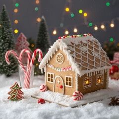 Magical gingerbread house surrounded by candy canes, colorful sweets, and festive decorations
