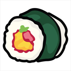 A collection of cute and colorful sushi icons in cartoon style. This vector set includes various maki rolls, nigiri, and Japanese seafood illustrations, perfect for menu design